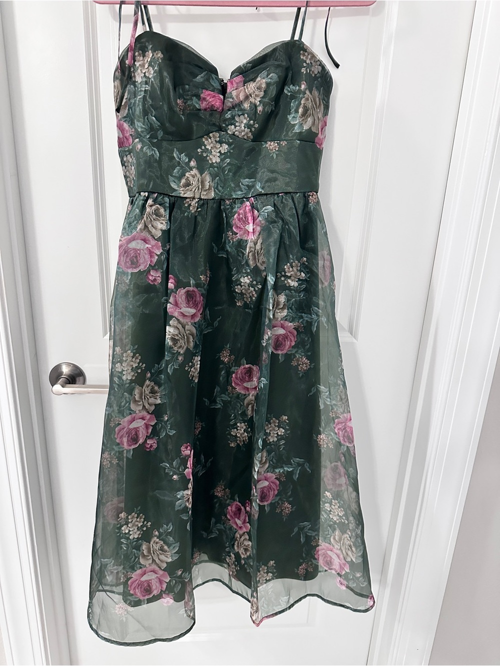 Francesca's Collections Dark Green Midi Dress with Pink Floral Print - Picture 2 of 3